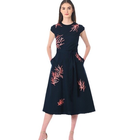 Eshakti Midi Dress Coral Reef Nautical Embroidered Poplin Navy Blue Size 2 - Picture 1 of 8